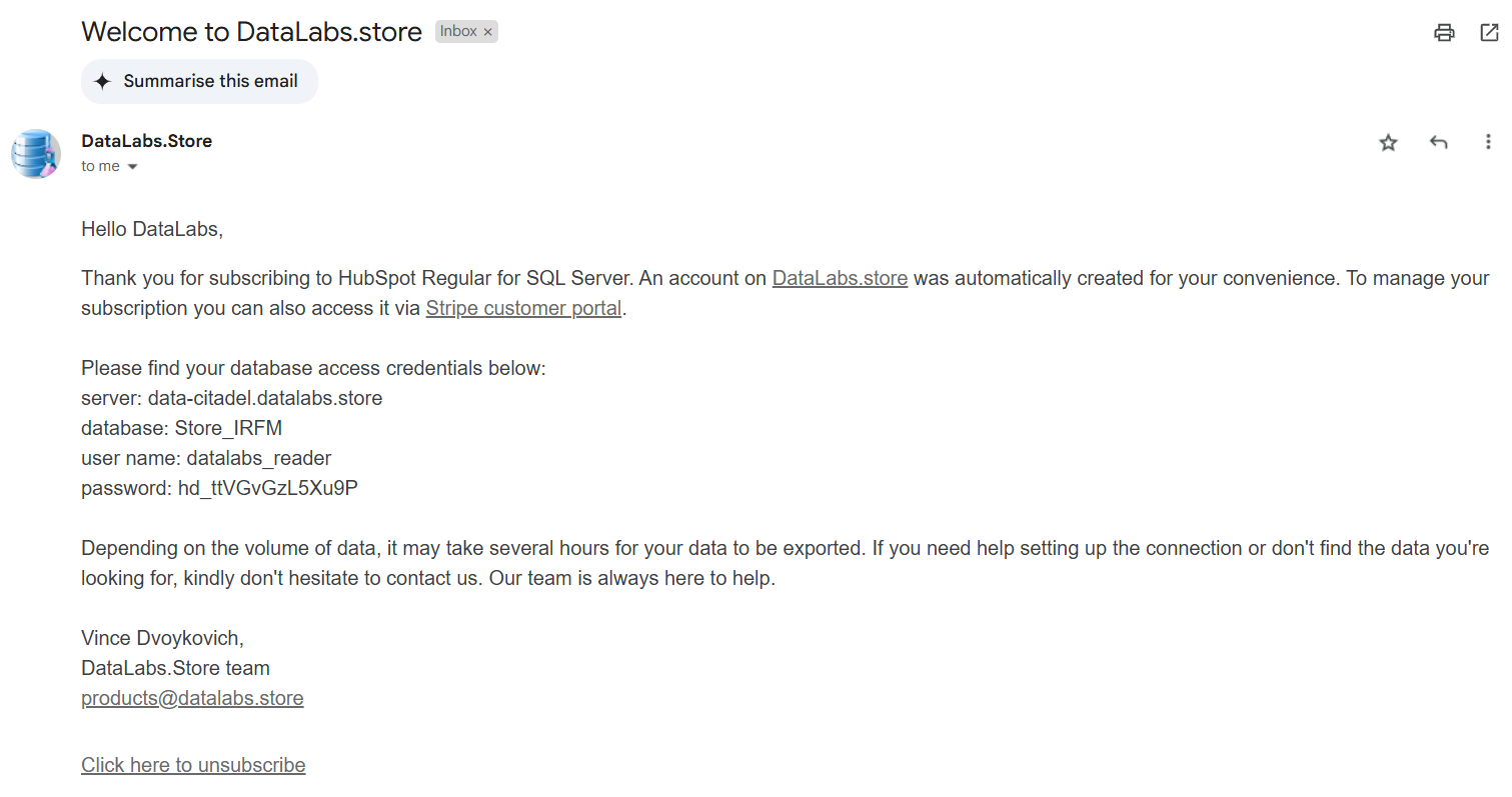 Welcome email from DataLabs.Store