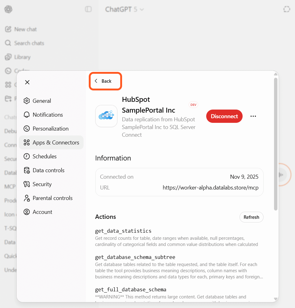 ChatGPT Settings - Review MCP server tools and permissions